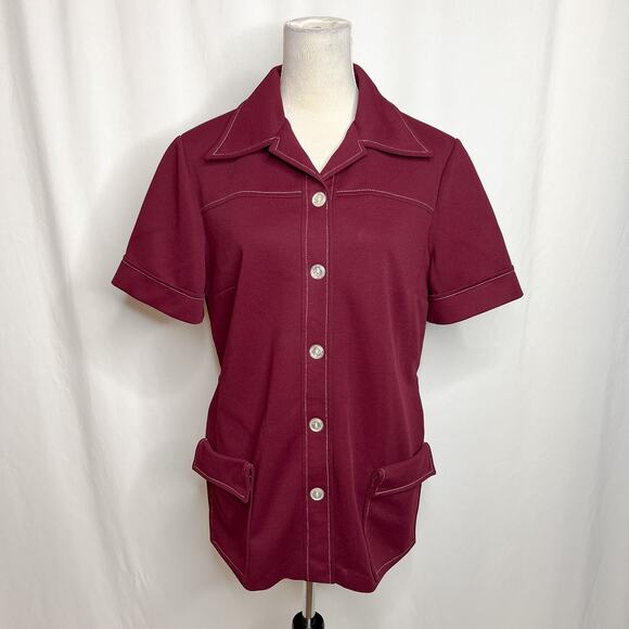 Vintage 70s Leisure Shirt Jacket Maroon Short Sleeve Accent Stitch Dagger Collar - Picture 2 of 7